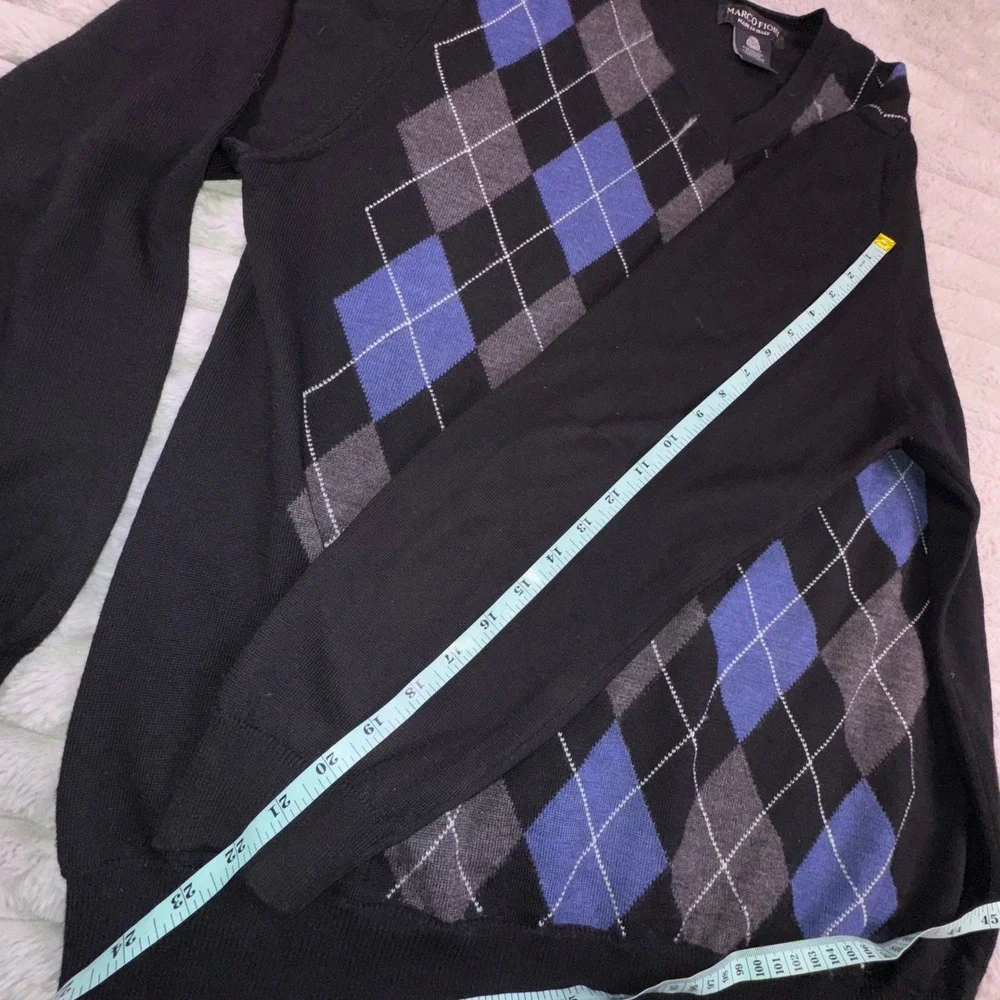 Marco Fiori Argyle V Neck Sweater Mens‎ Large Merino Wool Blue Black Made Italy